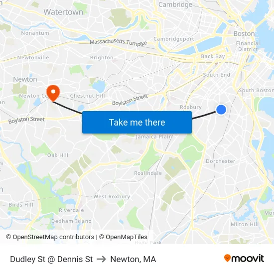 Dudley St @ Dennis St to Newton, MA map