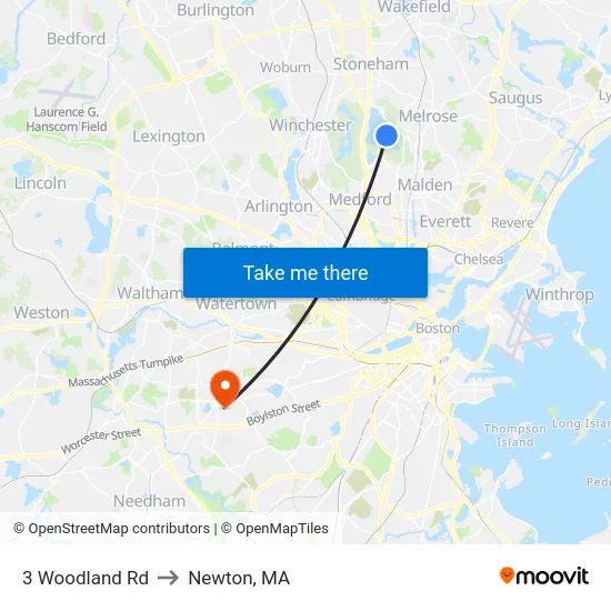 3 Woodland Rd to Newton, MA map
