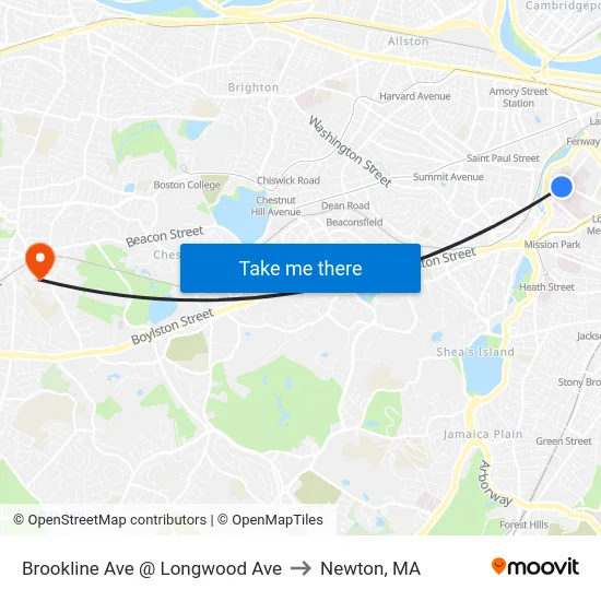 Brookline Ave @ Longwood Ave to Newton, MA map