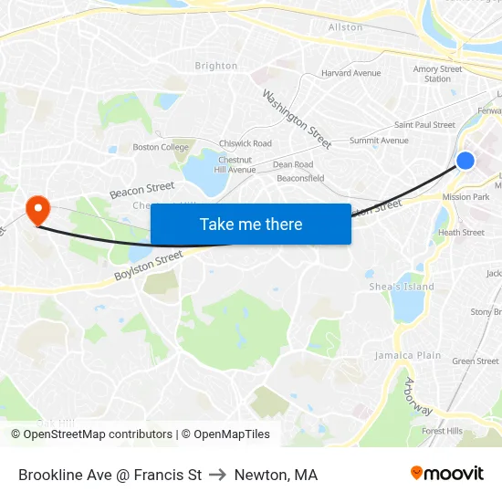 Brookline Ave @ Francis St to Newton, MA map