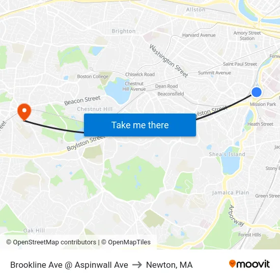 Brookline Ave @ Aspinwall Ave to Newton, MA map