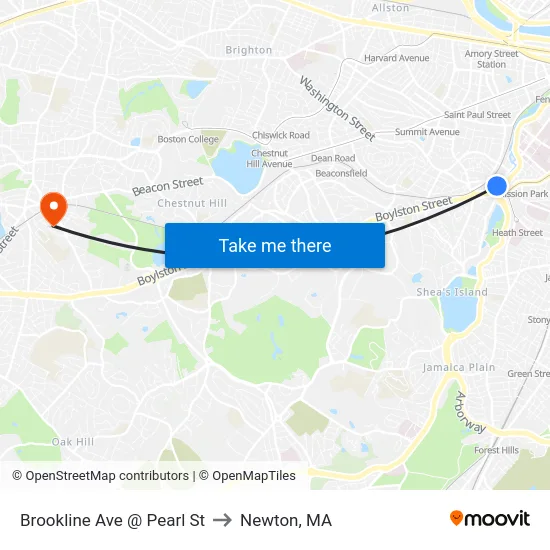 Brookline Ave @ Pearl St to Newton, MA map