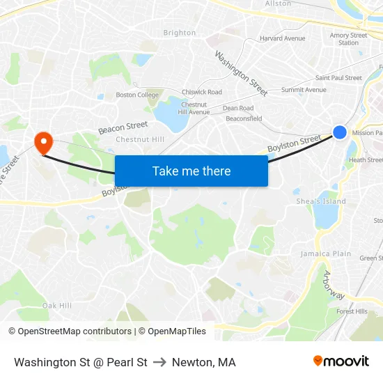 Washington St @ Pearl St to Newton, MA map
