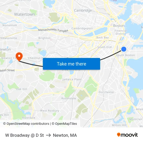 W Broadway @ D St to Newton, MA map