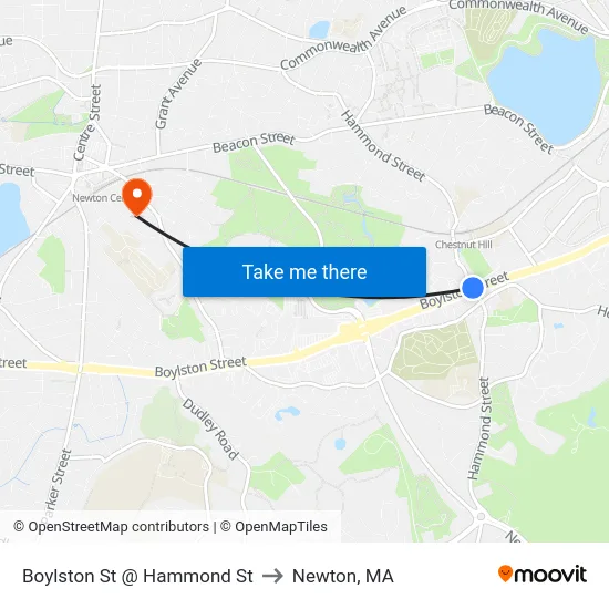 Boylston St @ Hammond St to Newton, MA map