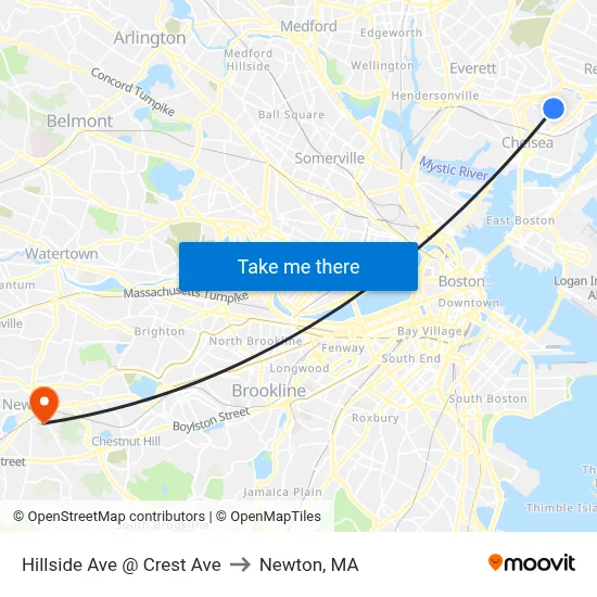 Hillside Ave @ Crest Ave to Newton, MA map