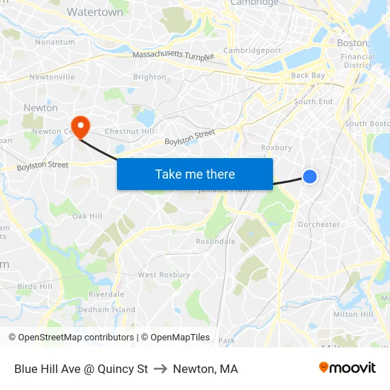 Blue Hill Ave @ Quincy St to Newton, MA map