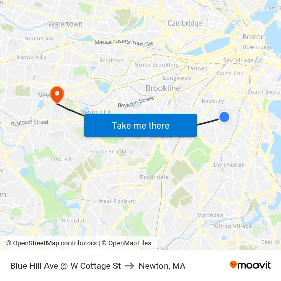 Blue Hill Ave @ W Cottage St to Newton, MA map