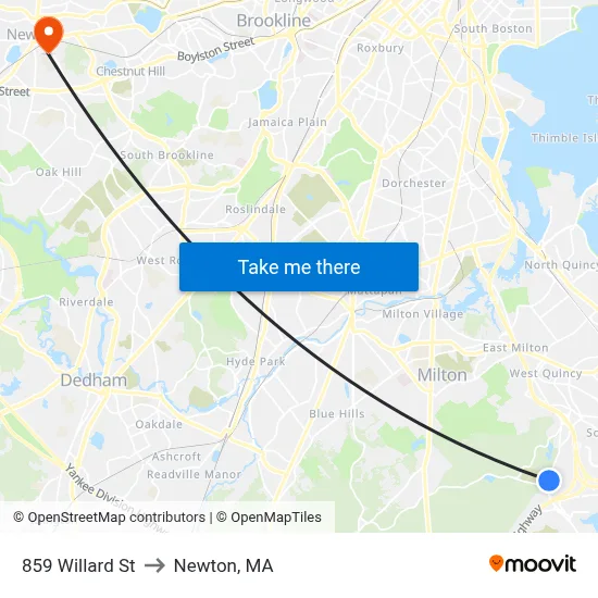 859 Willard St to Newton, MA map