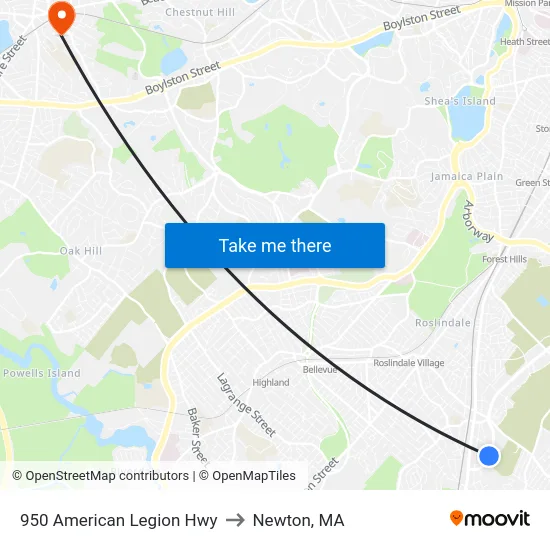 950 American Legion Hwy to Newton, MA map