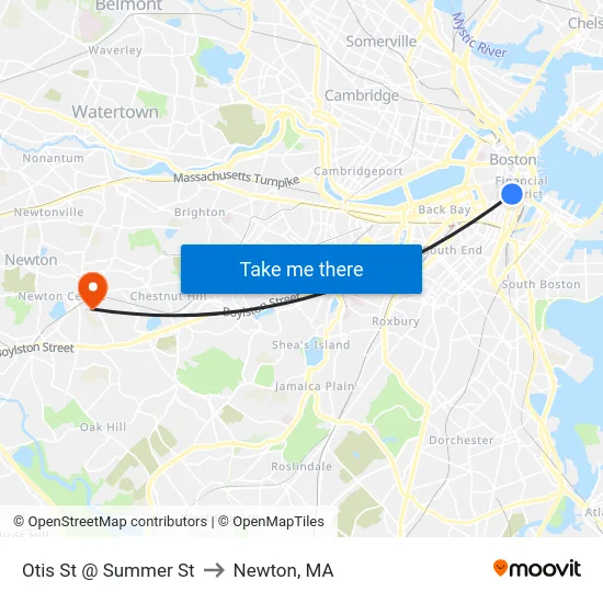 Otis St @ Summer St to Newton, MA map