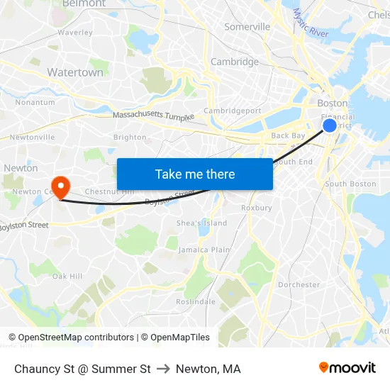 Chauncy St @ Summer St to Newton, MA map