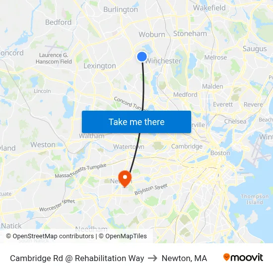 Cambridge Rd @ Rehabilitation Way to Newton, MA map