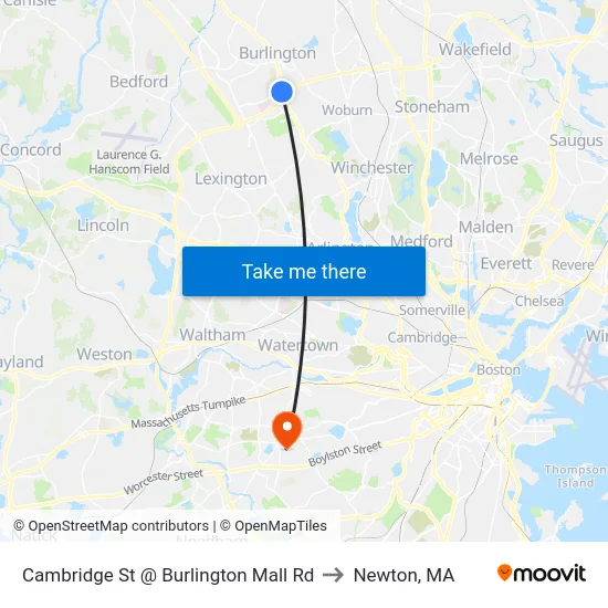 Cambridge St @ Burlington Mall Rd to Newton, MA map