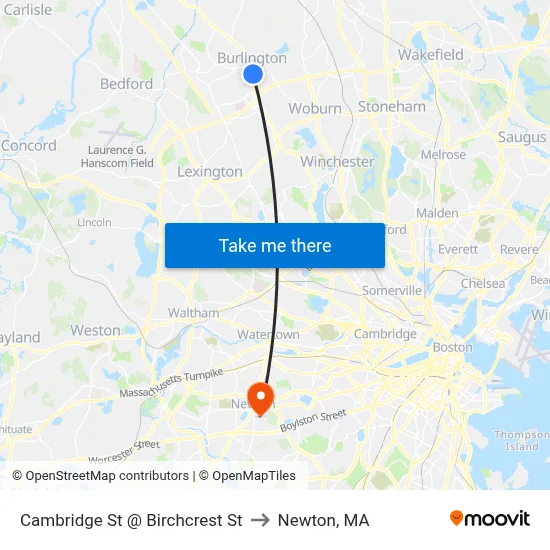 Cambridge St @ Birchcrest St to Newton, MA map