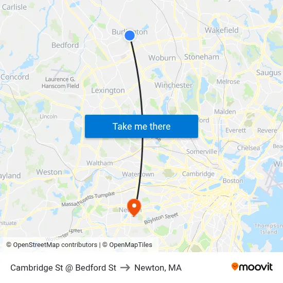 Cambridge St @ Bedford St to Newton, MA map