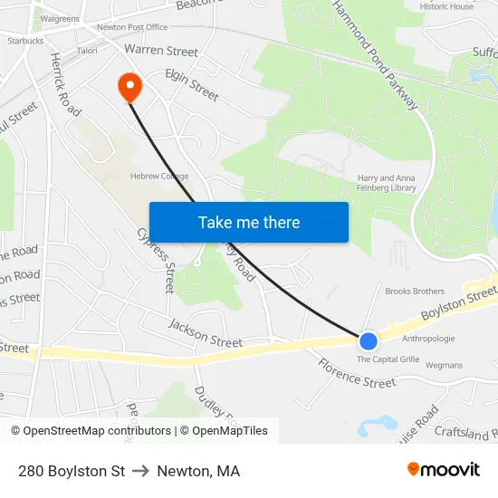 280 Boylston St to Newton, MA map