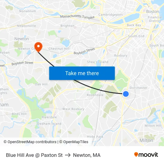 Blue Hill Ave @ Paxton St to Newton, MA map
