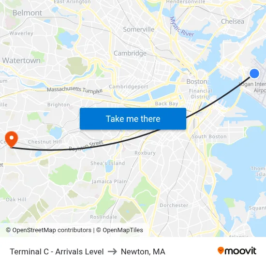 Terminal C - Arrivals Level to Newton, MA map