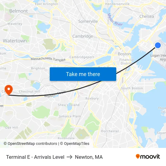 Terminal E - Arrivals Level to Newton, MA map