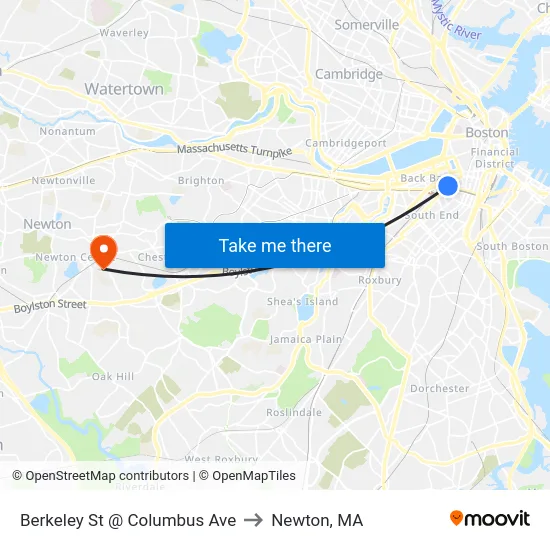 Berkeley St @ Columbus Ave to Newton, MA map