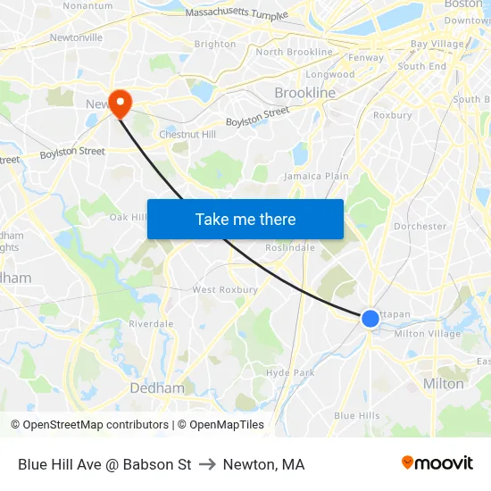 Blue Hill Ave @ Babson St to Newton, MA map