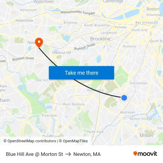 Blue Hill Ave @ Morton St to Newton, MA map