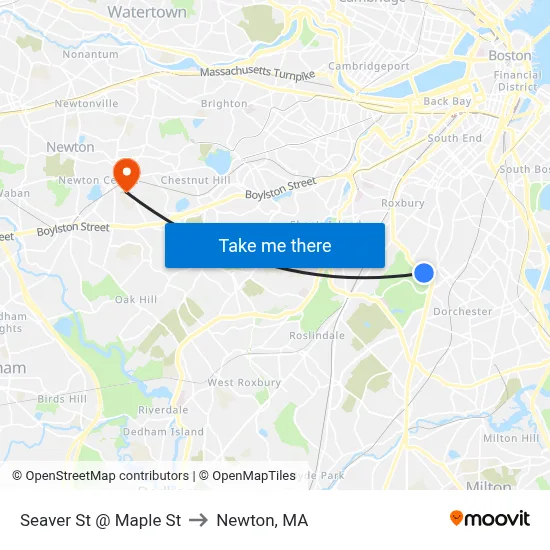 Seaver St @ Maple St to Newton, MA map