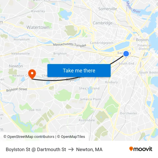 Boylston St @ Dartmouth St to Newton, MA map