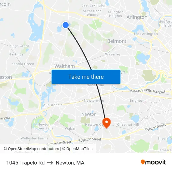 1045 Trapelo Rd to Newton, MA map