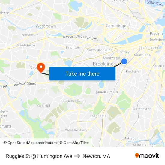 Ruggles St @ Huntington Ave to Newton, MA map