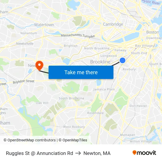Ruggles St @ Annunciation Rd to Newton, MA map