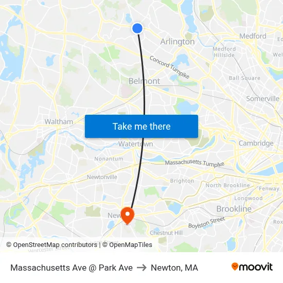Massachusetts Ave @ Park Ave to Newton, MA map