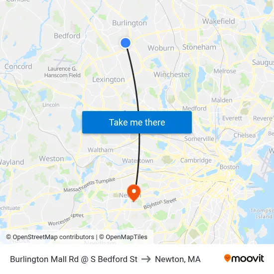 Burlington Mall Rd @ S Bedford St to Newton, MA map