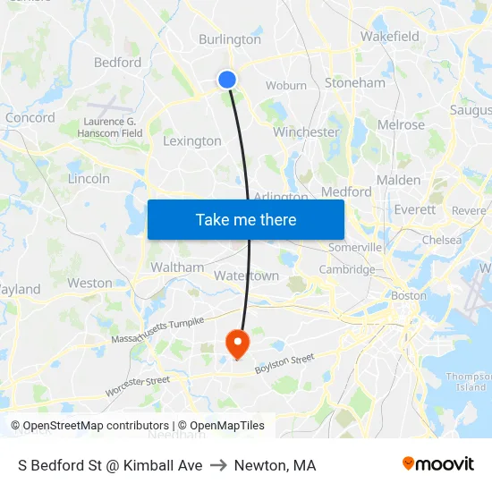 S Bedford St @ Kimball Ave to Newton, MA map
