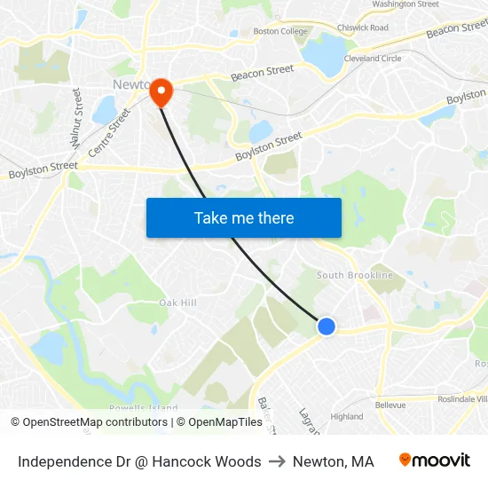 Independence Dr @ Hancock Woods to Newton, MA map