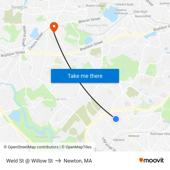 Weld St @ Willow St to Newton, MA map