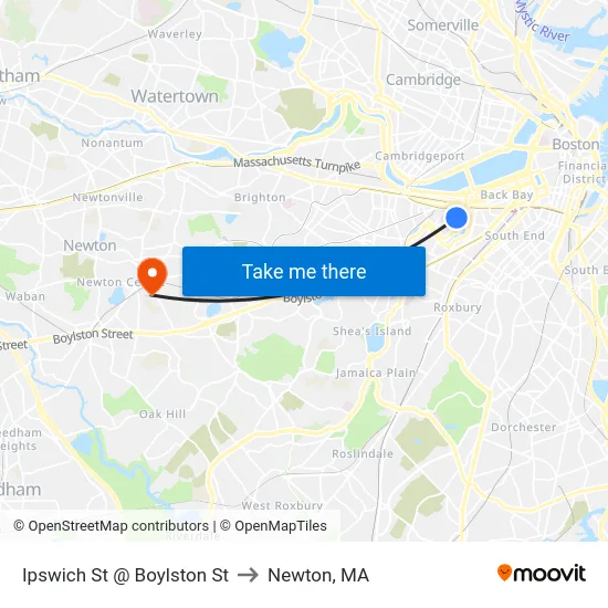 Ipswich St @ Boylston St to Newton, MA map