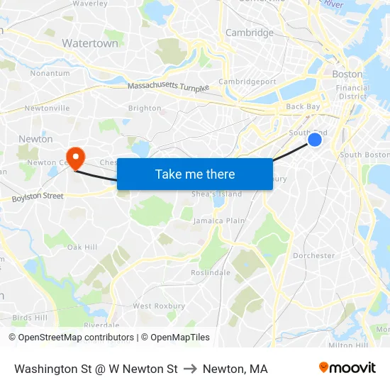 Washington St @ W Newton St to Newton, MA map