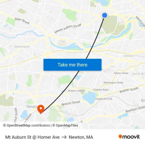 Mt Auburn St @ Homer Ave to Newton, MA map