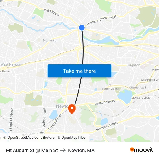 Mt Auburn St @ Main St to Newton, MA map