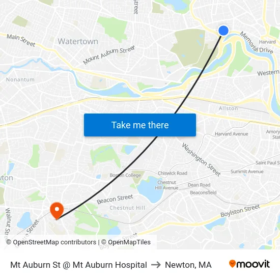 Mt Auburn St @ Mt Auburn Hospital to Newton, MA map