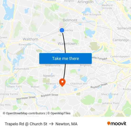 Trapelo Rd @ Church St to Newton, MA map