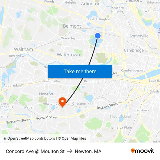 Concord Ave @ Moulton St to Newton, MA map