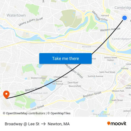 Broadway @ Lee St to Newton, MA map