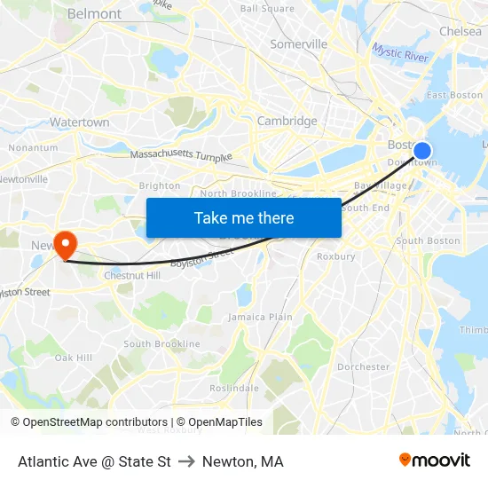 Atlantic Ave @ State St to Newton, MA map