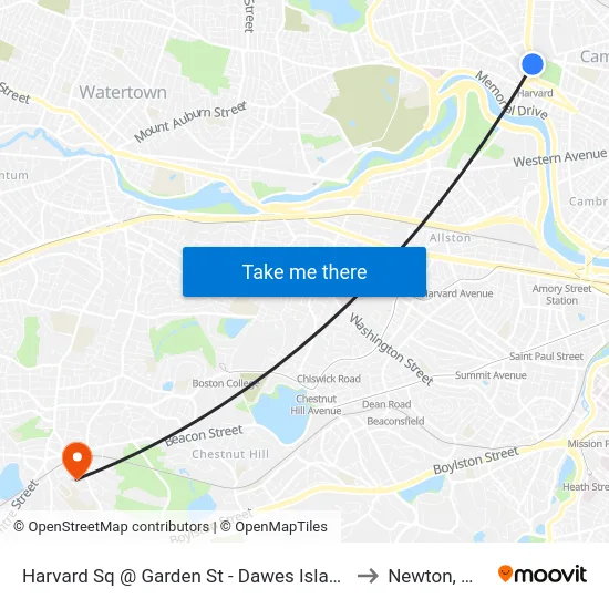 Harvard Sq @ Garden St - Dawes Island to Newton, MA map