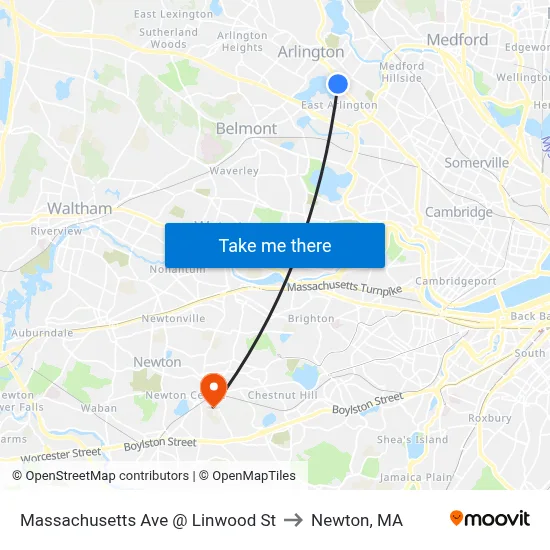 Massachusetts Ave @ Linwood St to Newton, MA map