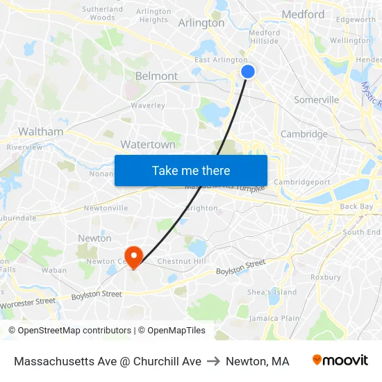 Massachusetts Ave @ Churchill Ave to Newton, MA map