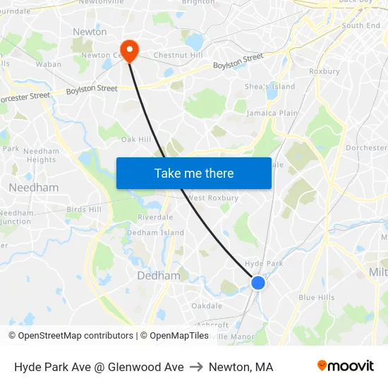 Hyde Park Ave @ Glenwood Ave to Newton, MA map
